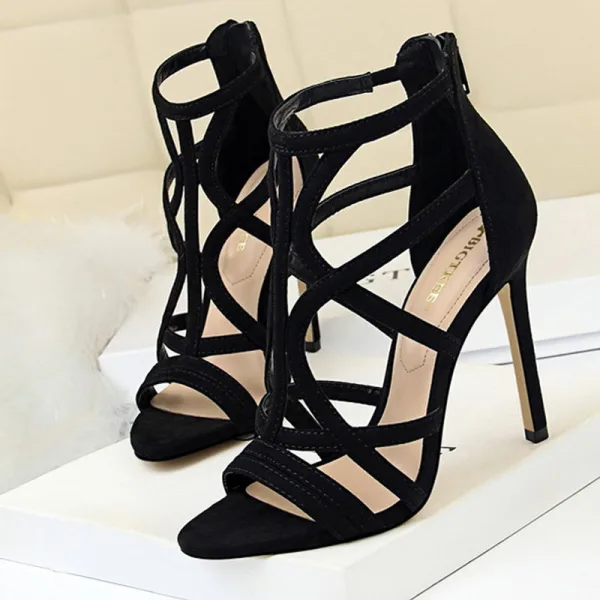 Roman Sexy Black Rave Club Suede Womens Sandals 2020 11 cm Stiletto Heels Open / Peep Toe Sandals
