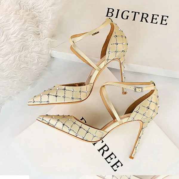 Charming Champagne Rhinestone Evening Party Womens Shoes 2020 Satin X-Strap 10 cm Stiletto Heels Pointed Toe Sandals