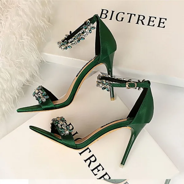 Sexy Dark Green Evening Party Womens Sandals 2020 Rhinestone Ankle Strap 9 cm Stiletto Heels Open / Peep Toe Sandals