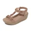 Schöne Sommer Strand Beige Sandalen Damen 2020 Strass T-Riemen 5 cm Keilabsatz Plateau Peeptoes Sandaletten