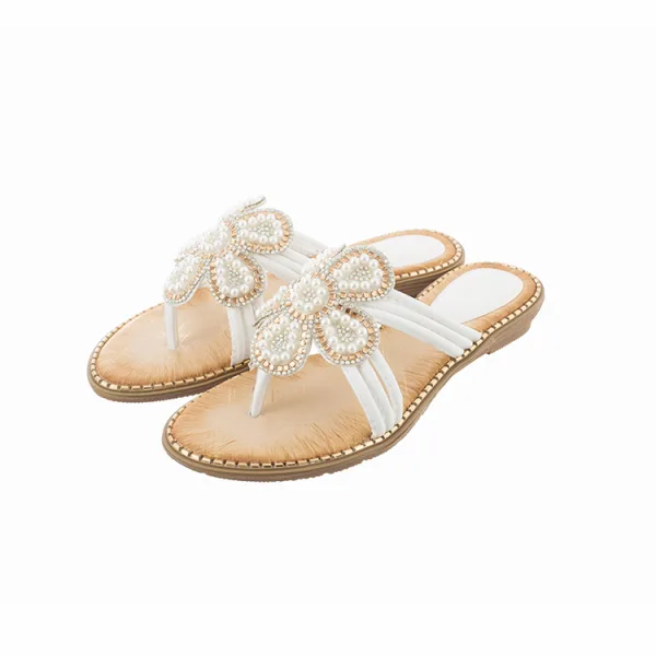 Chic / Beautiful Summer Black Casual Flat Womens Sandals 2020 Pearl Rhinestone Open / Peep Toe Sandals