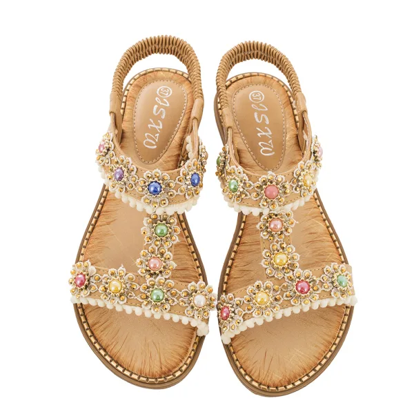 Böhmen Sommer Rosa Strand Sandalen Damen 2020 Perle Strass Peeptoes Flache Sandaletten