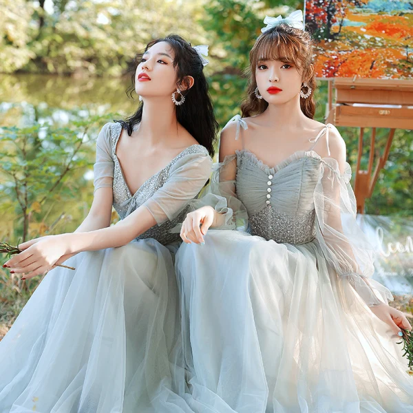Modest / Simple Sage Green Ruffle Bridesmaid Dresses 2021 A-Line / Princess V-Neck Short Sleeve Backless Floor-Length / Long Wedding Party Dresses