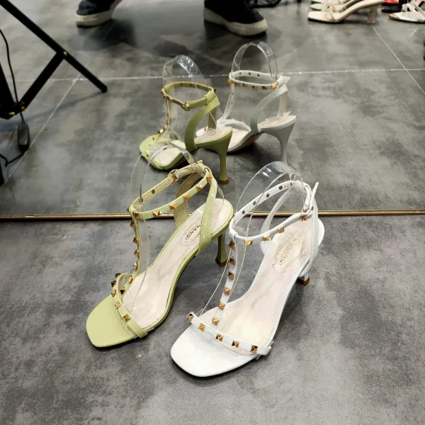 Schöne Salbeigrün Cocktail Sandalen Damen 2020 Niet T-Riemen 10 cm Stilettos Peeptoes Sandaletten