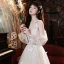 Modest / Simple Champagne Bridesmaid Dresses 2021 A-Line / Princess Scoop Neck Butterfly Lace Flower Short Sleeve Backless Floor-Length / Long Wedding Party Dresses
