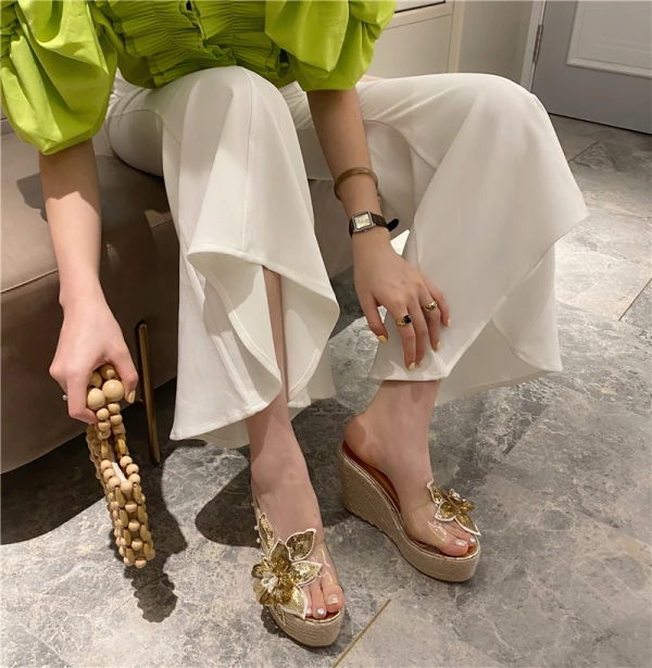 Chic / Beautiful Silver Outdoor / Garden Womens Sandals 2020 Pearl Rhinestone Sequins 11 cm Wedges Platform Open / Peep Toe Sandals