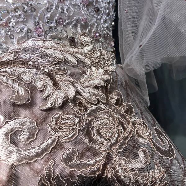 Luxe Perle Rose Robe De Soirée 2018 Princesse Appliques En Dentelle Perlage Cristal Faux Diamant Paillettes Encolure Dégagée Dos Nu 1/2 Manches Longue Robe De Ceremonie