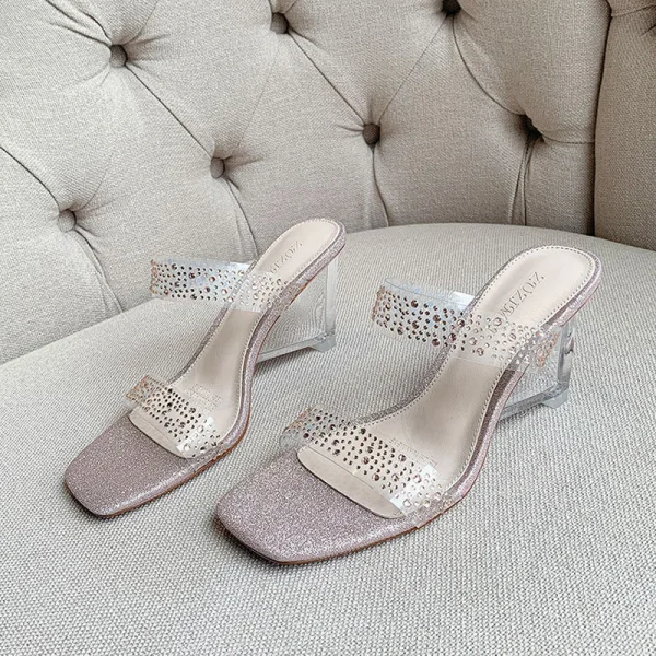 Transparent Sexy Gold Casual Womens Sandals 2020 Rhinestone 6 cm Thick Heels Open / Peep Toe Sandals