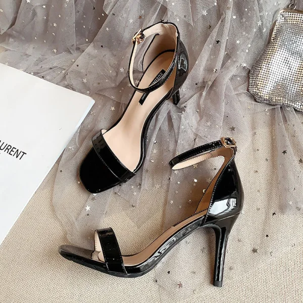 Sexy Noire Cocktail Cuir Verni Sandales Femme 2020 Bride Cheville 9 cm Talons Aiguilles Peep Toes / Bout Ouvert Sandales