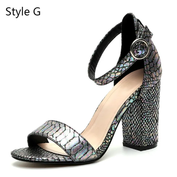 Modest / Simple Street Wear Snakeskin Print Womens Sandals 2020 Ankle Strap 10 cm Thick Heels Open / Peep Toe Sandals