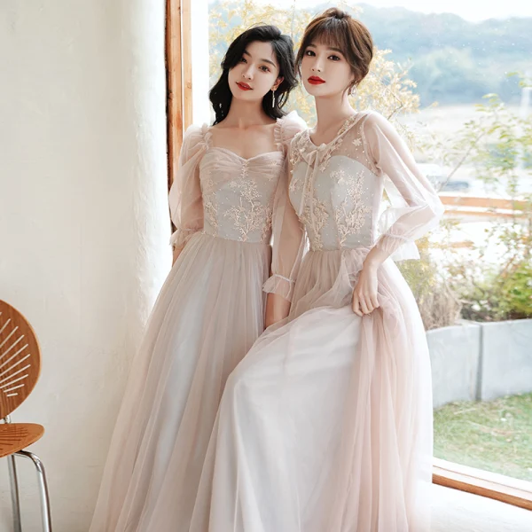 Fashion Blushing Pink Bridesmaid Dresses 2021 A-Line / Princess Scoop Neck Lace Flower Appliques 3/4 Sleeve Backless Floor-Length / Long Wedding Party Dresses