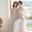 Fashion Blushing Pink Bridesmaid Dresses 2021 A-Line / Princess Scoop Neck Lace Flower Appliques 3/4 Sleeve Backless Floor-Length / Long Wedding Party Dresses