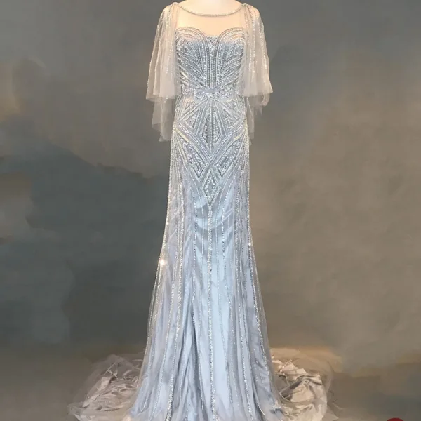 Luxe Ivoire Robe De Soirée 2018 Trompette / Sirène Perlage Perle Faux Diamant Paillettes Encolure Dégagée Dos Nu 3/4 Manches Train De Balayage Robe De Ceremonie