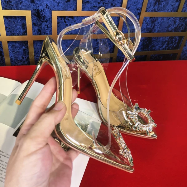 Sexy Gold Evening Party Womens Sandals 2020 Ankle Strap Rhinestone 10 cm Stiletto Heels Pointed Toe Sandals