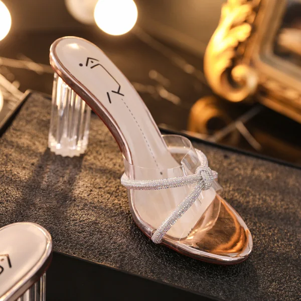 Sexy Transparent Argenté Cristal Sandales Femme 2020 Vêtement de rue Faux Diamant 8 cm Talons Épais Peep Toes / Bout Ouvert Sandales