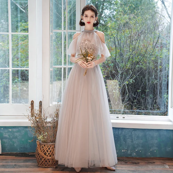 Modest / Simple Blushing Pink Bridesmaid Dresses 2021 A-Line / Princess V-Neck Lace Flower Appliques Short Sleeve Backless Floor-Length / Long Wedding Party Dresses