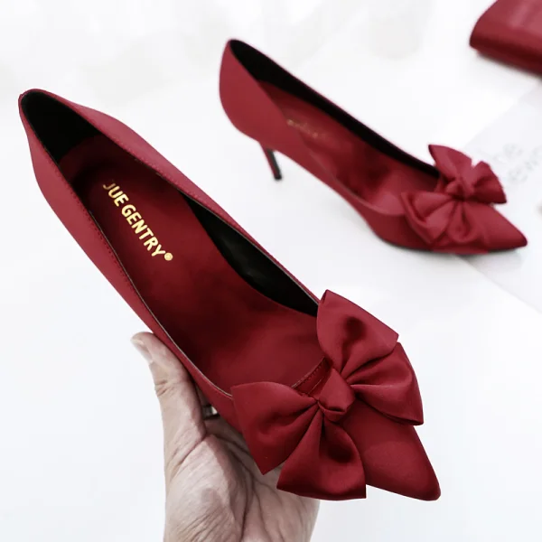 Elegant Burgundy Prom Satin Pumps 2020 Leather Bow 8 cm Stiletto Heels Pointed Toe Pumps