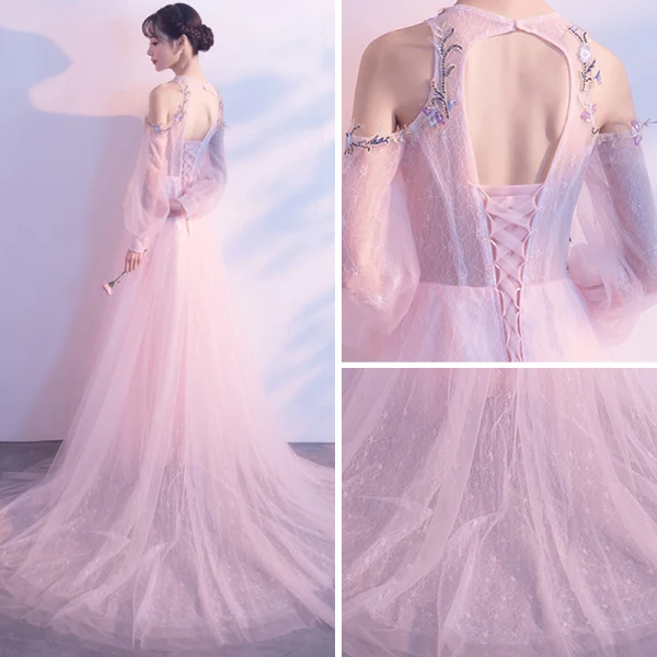 Elegant Pearl Pink Evening Dresses 2018 A-Line / Princess Scoop Neck Strapless Long Sleeve Appliques Lace Beading Rhinestone Chapel Train Ruffle Backless Formal Dresses