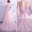 Elegant Pearl Pink Evening Dresses  2018 A-Line / Princess Scoop Neck Strapless Long Sleeve Appliques Lace Beading Rhinestone Chapel Train Ruffle Backless Formal Dresses