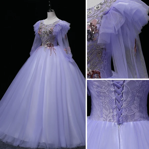 Elegant Lavender Beading Lace Flower Sequins Prom Dresses 2022 Ball Gown Scoop Neck Long Sleeve Prom Floor-Length / Long Formal Dresses