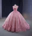 Conte de fée Rougissant Rose Col Haut Robe Boule Robe De Bal 2023 Mancherons Bretelles croisées Train De Balayage Quinceañera Robe De Cérémonie