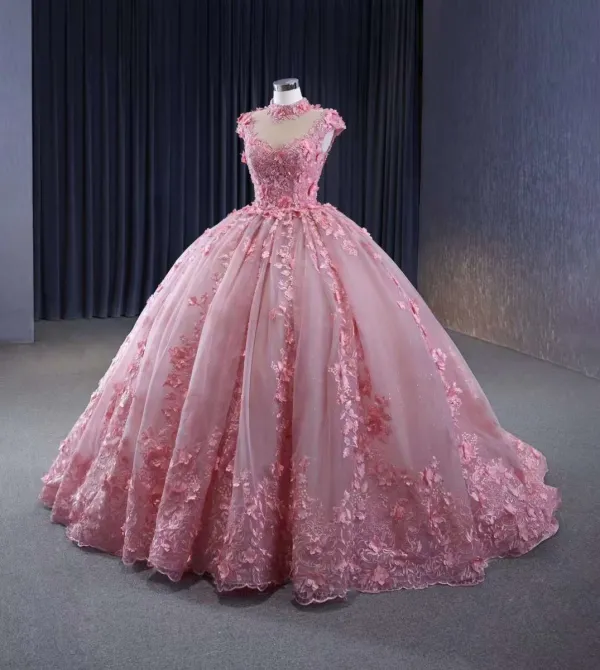 Fairytale Blushing Pink High Neck Ball Gown Prom Dresses 2023 Cap Sleeves Crossed Straps Sweep Train Quinceañera Formal Dresses