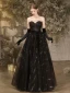Sexy Black Glitter Sequins Prom Dresses 2024 A-Line / Princess Strapless Sleeveless Backless Floor-Length / Long Formal Dresses