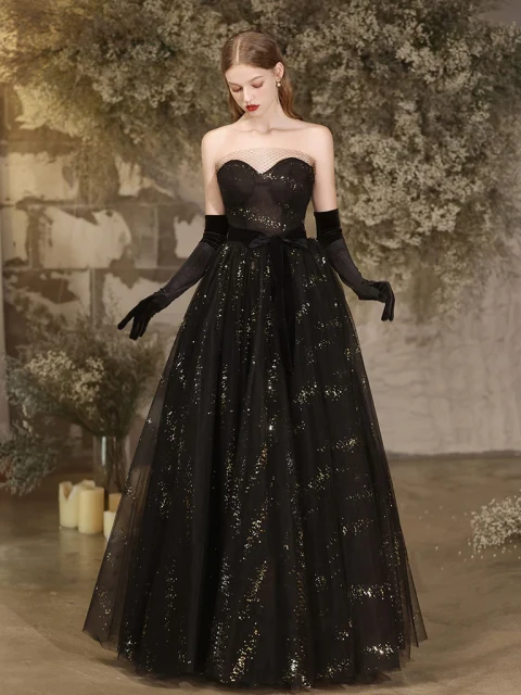 Sexy Schwarz Glanz Pailletten Ballkleider 2024 A Linie Bandeau Ärmellos Rückenfreies Lange Festliche Kleider