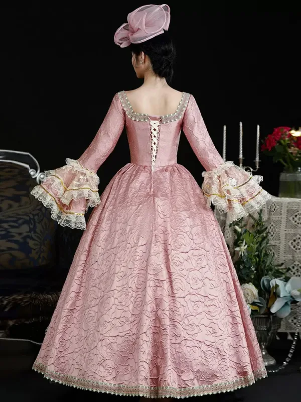 Vintage / Retro Medieval Candy Pink Prom Dresses 2024 3D Lace Printing Floral Floor-Length / Long U-Neck Long Sleeve A-Line / Princess Ball Gown Cosplay Prom Formal Dresses