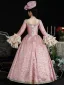 Vintage / Retro Medieval Candy Pink Prom Dresses 2024 3D Lace Printing Floral Floor-Length / Long U-Neck Long Sleeve A-Line / Princess Ball Gown Cosplay Prom Formal Dresses