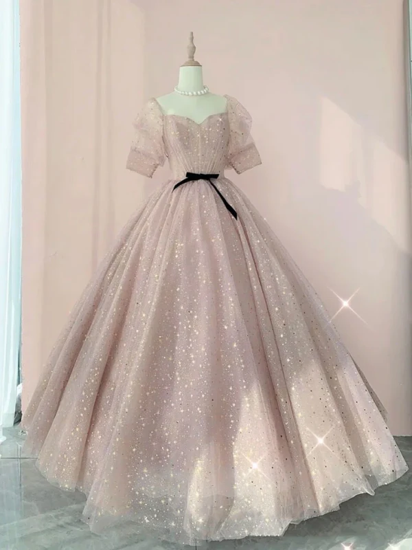 Charmant Rougissant Rose Étoile Paillettes Robe De Bal 2024 Robe Boule De l'épaule Manches Courtes Dos Nu Noeud Ceinture Longue Robe De Ceremonie