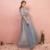 Sparkly Bling Bling Sky Blue Plus Size Evening Dresses  2018 A-Line / Princess Tulle V-Neck Backless Beading Rhinestone Evening Party Prom Dresses