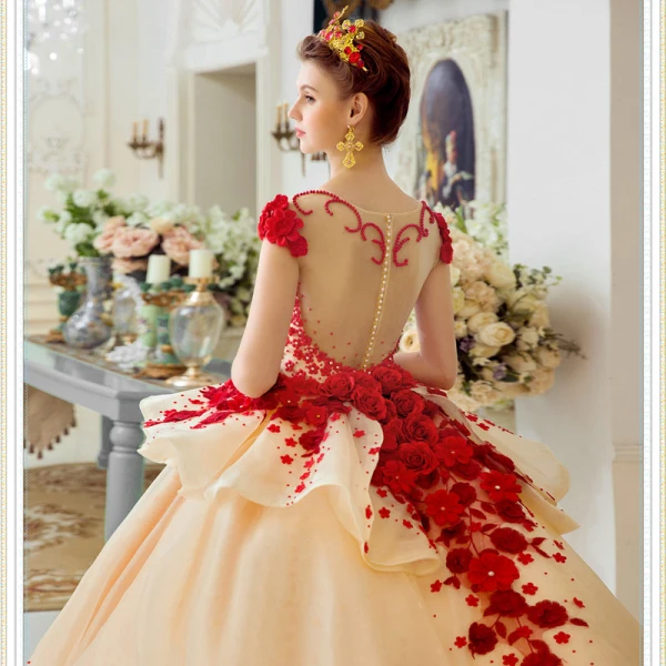 Luxury / Gorgeous Champagne Wedding Dresses 2017 Red Zipper Up Appliques Backless Embroidered Flower Pearl Rhinestone Handmade Cathedral Train Organza Square Neckline Sleeveless Wedding