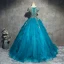 Klassieke Elegante Blauw Galajurken 2017 A lijn Kanten Tule U-hals Appliques Kralen Avond Gelegenheid Jurken