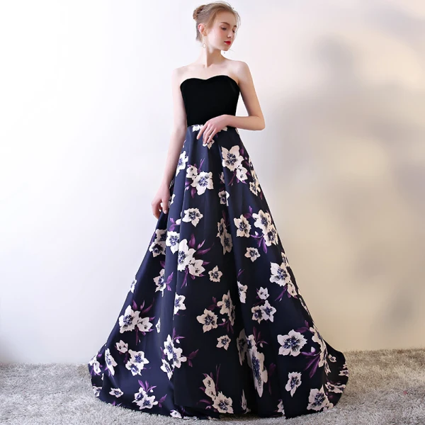Blomsterfe Purple Selskapskjoler 2017 Prinsesse Charmeuse Spenne Printing Strapless Aften Formelle Kjoler