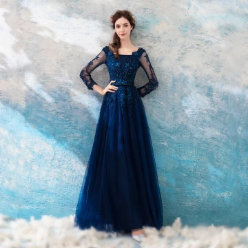 Chic Belle Bleu Marine Robe De Soirée 2018 Princesse U Cou Dentelle Tulle Longue Appliques Dos Nu Perlage Soirée Robe De Ceremonie