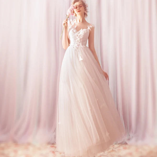 Charming White Floor-Length / Long 2018 Wedding A-Line / Princess Tulle V-Neck Butterfly Appliques Backless Wedding Dresses