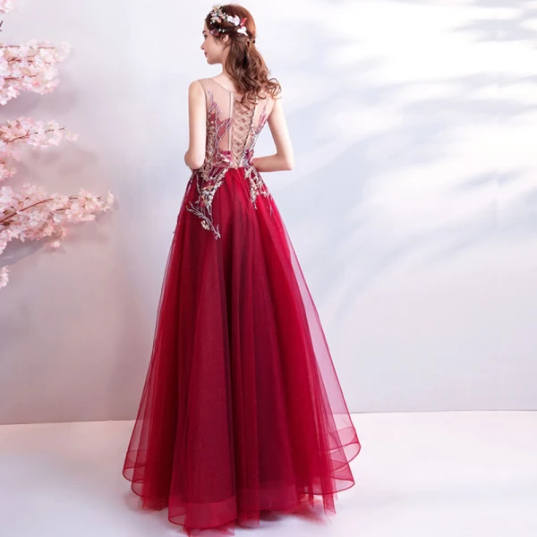 Modern / Fashion Red Evening Dresses 2018 A-Line / Princess Tulle U-Neck Appliques Backless Beading Sequins Formal Dresses
