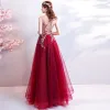 Modern / Fashion Red Evening Dresses  2018 A-Line / Princess Tulle U-Neck Appliques Backless Beading Sequins Formal Dresses