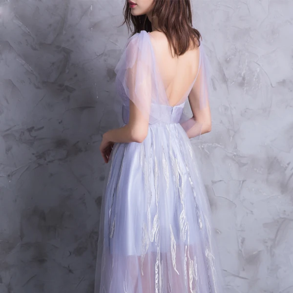 Modern / Fashion Floor-Length / Long Lavender Evening Dresses 2018 A-Line / Princess V-Neck Tulle Appliques Backless Formal Dresses