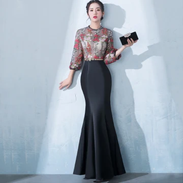 Moderne Mode Noire Longue Robe De Soirée 2018 Trompette Sirène Col Haut Tulle Brodé Appliques Dos Nu Perlage Soirée Robe De Ceremonie