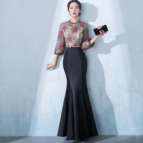 Moda Negro Largos Vestidos de noche 2018 Trumpet / Mermaid Cuello Alto Tul Bordado Apliques Sin Espalda Rebordear Noche Vestidos Formales
