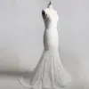Luxury / Gorgeous Ivory Court Train Wedding 2018 Trumpet / Mermaid Lace V-Neck Lace-up Appliques Backless Beading Pierced Wedding Dresses