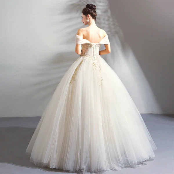Classic Elegant White Champagne Floor-Length / Long Wedding 2018 Tulle Lace-up Appliques Backless Beading Strapless Ball Gown Wedding Dresses