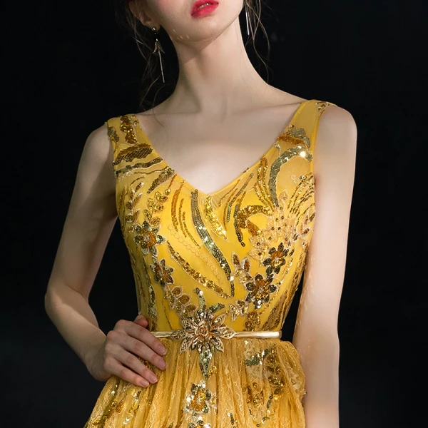 Luxury / Gorgeous Sparkly Gold Floor-Length / Long Evening Dresses 2018 A-Line / Princess V-Neck Tulle Backless Handmade Beading Sequins Evening Party Formal Dresses