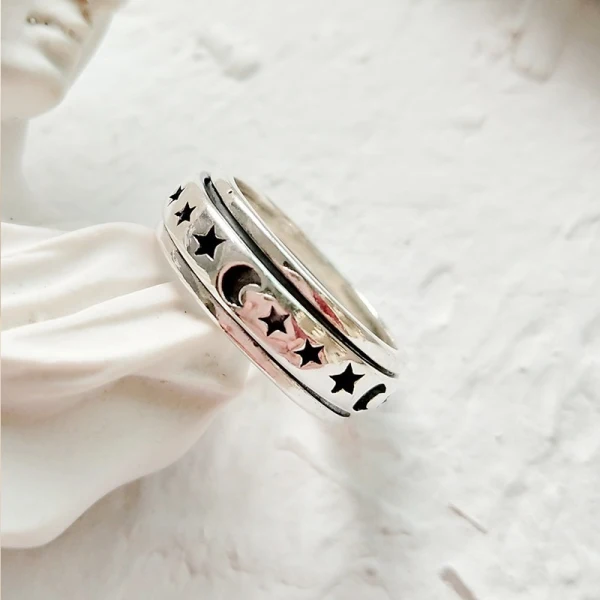 Vintage / Retro Black Star Moon Band Ring Sterling Silver Work Holiday Rings 2019 Accessories