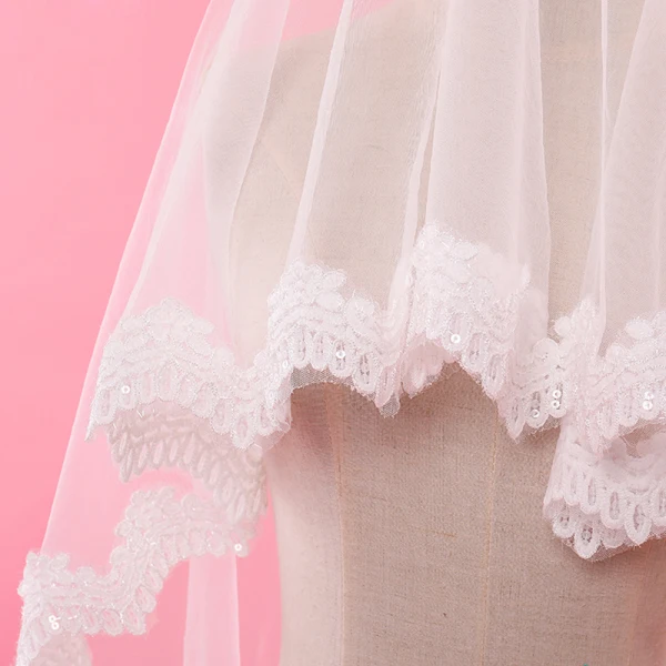 Classic Elegant White Wedding Tulle Lace Embroidered Sequins 1.5 m Short Wedding Veils 2019