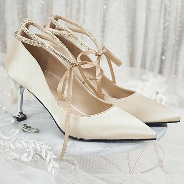 Chic / Beautiful Champagne Wedding Shoes 2020 8 cm / 3 inch Satin Rhinestone Strappy Pointed Toe Heels Womens Shoes