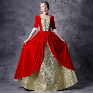 Vintage Retro Medieval Gothic Red Gold Ball Gown Prom Dresses 2021 Square Neckline Crossed Straps Floor Length Long 1 2 Sleeves Sequins Printing Cosplay Prom Formal Dresses