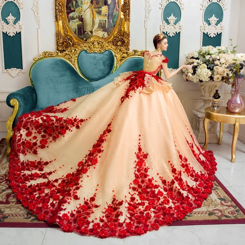 Luxury Gorgeous Champagne Wedding Dresses 2017 Red Zipper Up Appliques Backless Flower